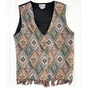 Vtg Cheyenne Autumn Button Vest (Size One Size) Southwestern Tapestry Fringe 90s